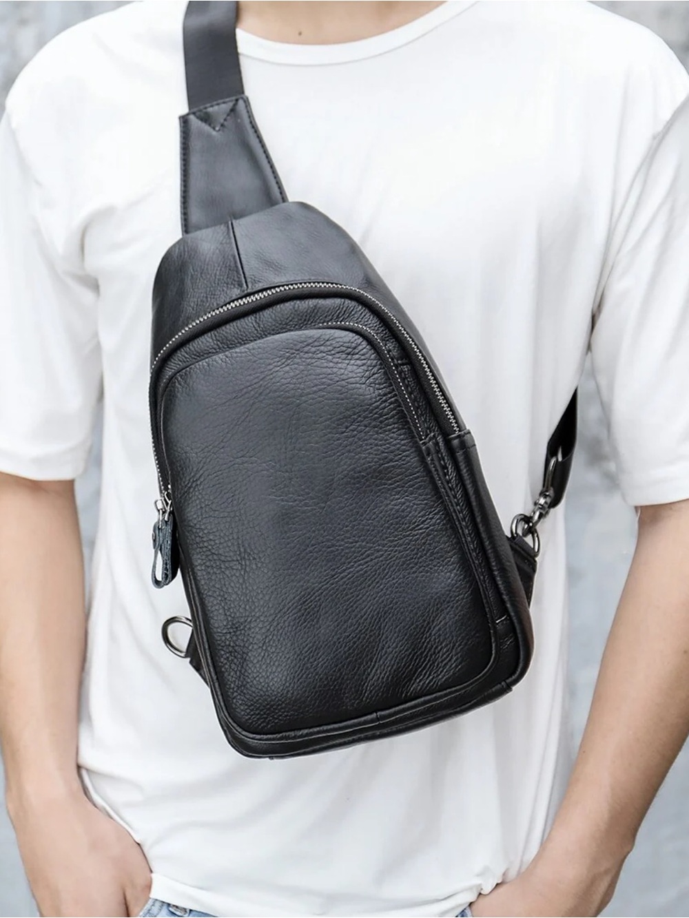 Italian Black pebbled genuine leather sling backpack/crossbody chest bag Unisex - Picture 10 of 11